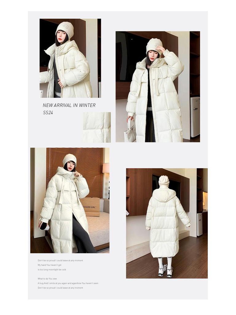 Kabat s kapucí a péřovou výplní ke kolenům - Silný, volný střih, korejský styl, odolný proti chladu s ozdobou na stuze.