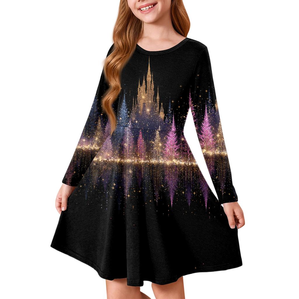 Dívčí princeznovské šaty - Tričkové šaty áčkového střihu s dlouhým rukávem na Štědrý den