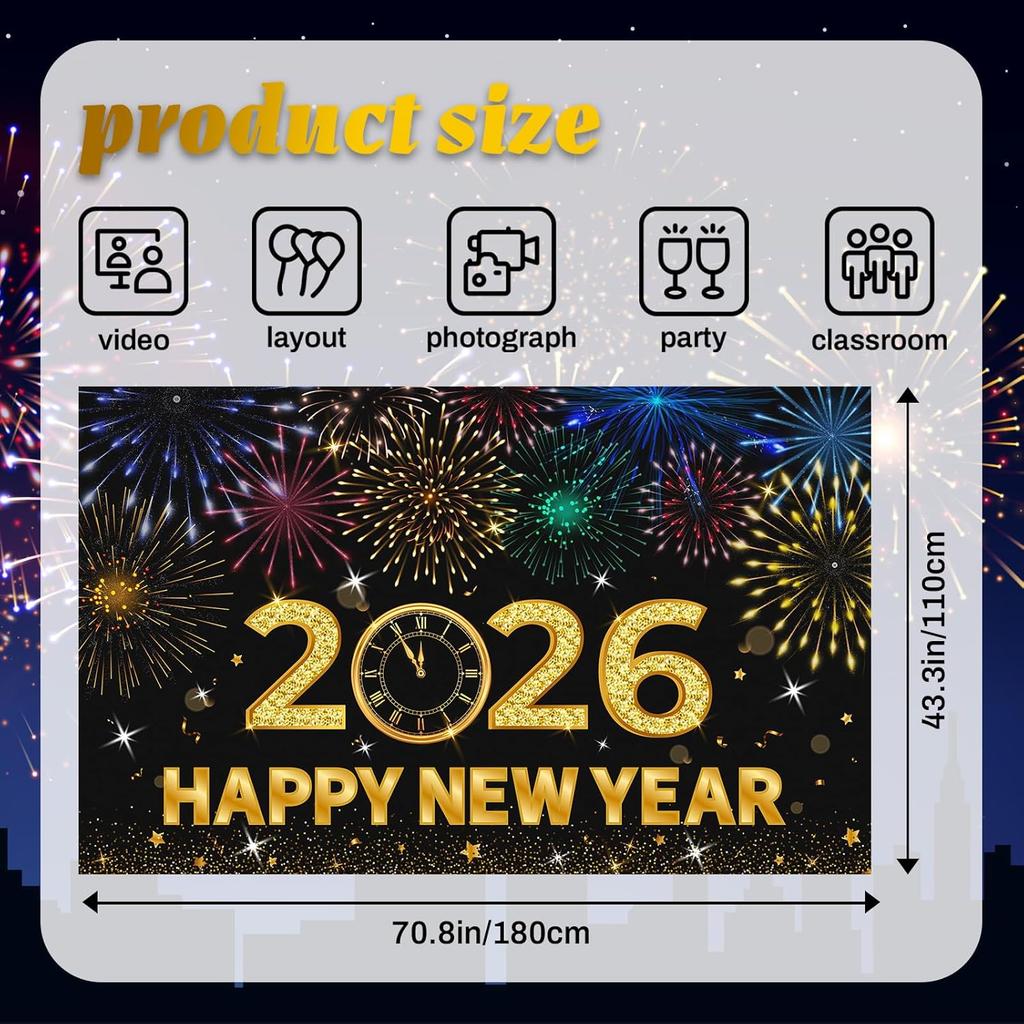 2026 Happy New Year Banner, 72x44 Inches - Golden Fabric New Year Backdrop for New Year's Eve Celebration