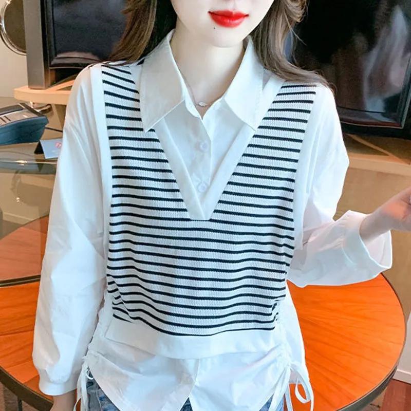 

WTEMPO Женские поддельные рубашки из двух частей весна-осень с длинным рукавом в стиле пэчворк, женские свободные повседневные универсальные блузки с отложным воротником, полосатые топы XXL белый