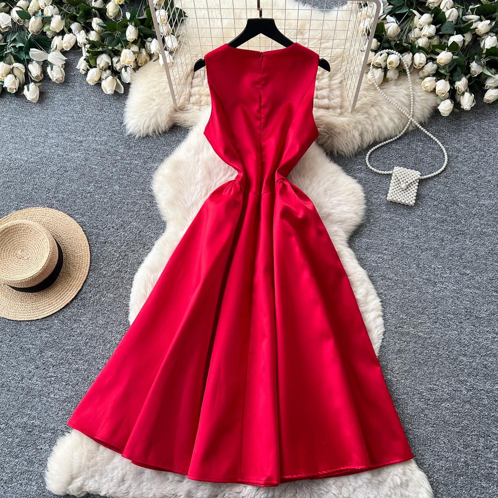 Elegant Sleeveless Satin Dress for Women Luxurious Solid Color Flower Buttons Summer Autumn Formal Evening Party Vestidos