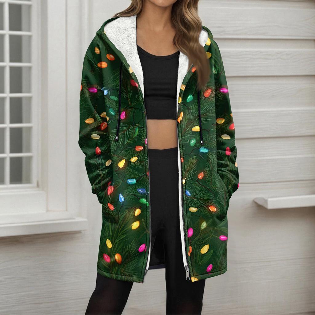 Women's Christmas Printed Fashionable Loose Zipper Fleece Hoodie Jacket
