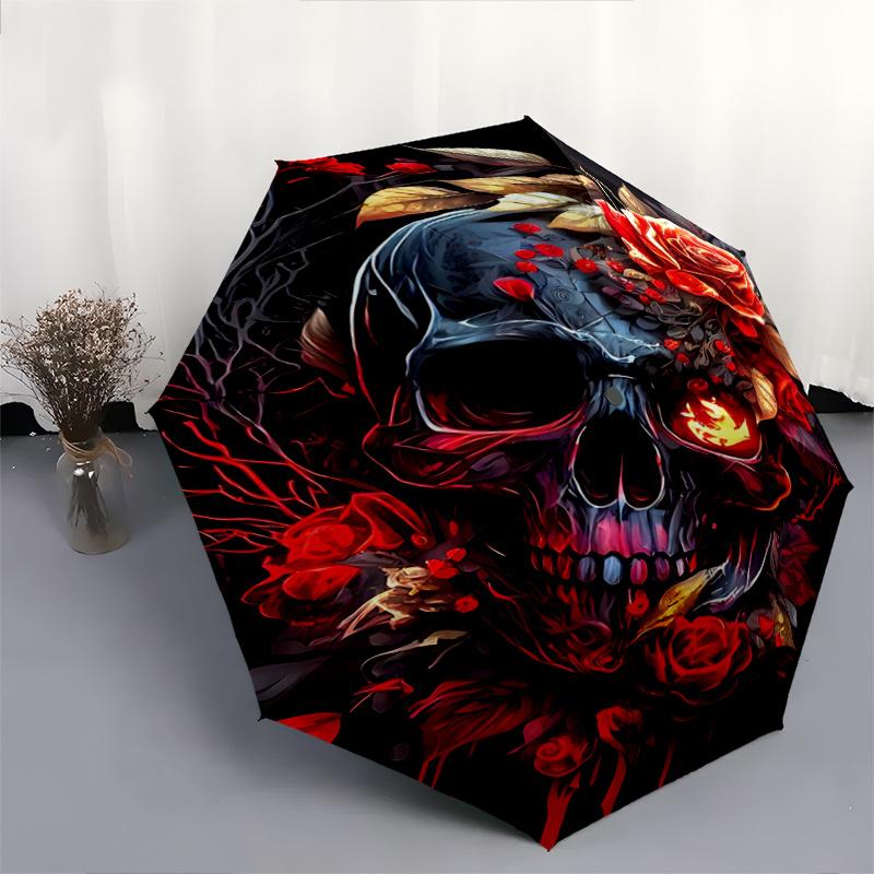 1pc Floral Skull Automatic Open/CloseUmbrella,Compact Umbrella for Men & Women Day Gift.W046