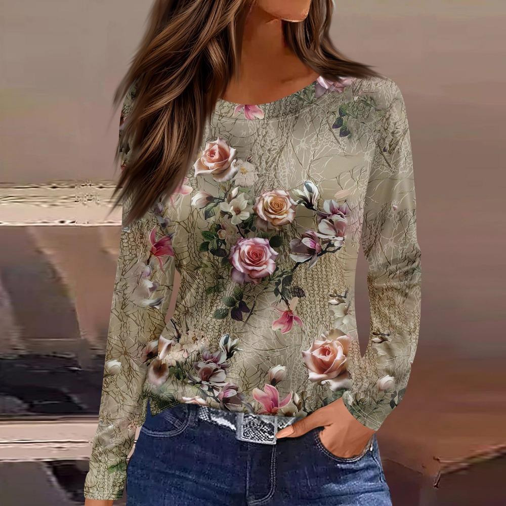 Spring Casual Fashion Loose Printed T-shirt Ladies Casual Round Neck Long Retro Beautiful Tops Female Models