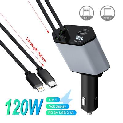 120W Araç Şarj Cihazı USB Type C Hızlı Şarj Adaptörü Voltaj Göstergeli 4'ü 1 Arada Geri Çekilebilir Kablo Telefon Araç Şarj Cihazı IPhone Huawei Samsung için