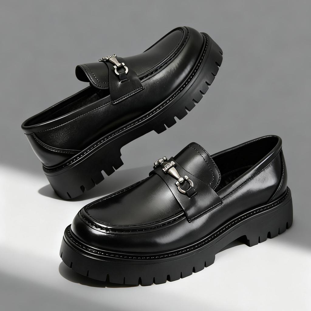 Fashion Classic Thick Sole Men's Penny Loafers Slip-On Business Dress Shoes Gentleman Metal Buckle Formal Black Business Shoes