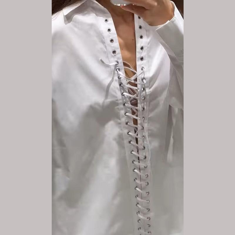Loose Lapel Hollow Out Women's Shirt White Long Sleeve Bandage Lace Up Female Shirts 2025 Spring Summer Fashion Lady Top Street