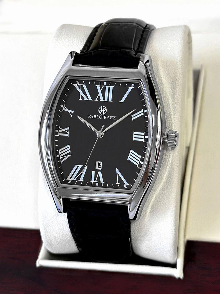 Pablo Raez Barrel Watch: Waterproof Leather Strap, Calendar, Casual Men's Style.