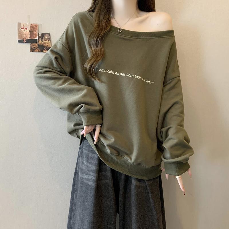 

Реальное фото печатный свитер с диагональным вырезом, рукавами с открытыми плечами, женский, бархатный, утолщенный, осенне-зимний, свободный и универсальный, с длинными рукавами 2XL