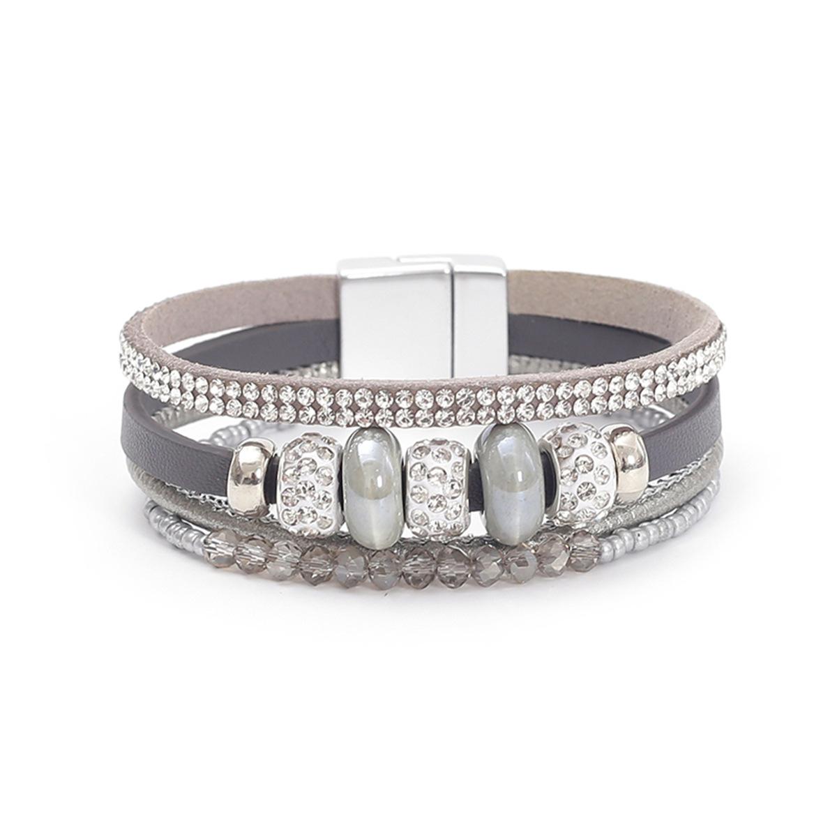 

Керамические бусины Кожаный браслет для женщин Ретро Бохо Хрустальная цепочка Многослойный широкий оберточный Ювелирные аксессуары