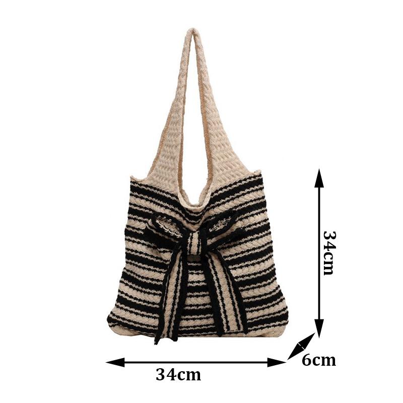 Nova Bolsa de Crochê Listrada com Laço Grande Capacidade Casual Bolsa de Ombro Tecida Multicolorida Bolsa de Tricô Feita à Mão