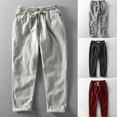 Men Pants Drawstring Elastic Waist Straight Leg Loose Solid Color Pockets Daily Wear