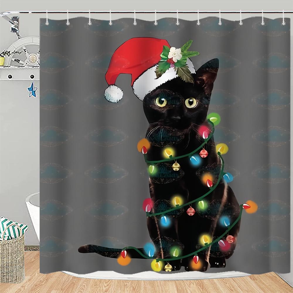 2026 Christmas Shower Curtain - Funny Cat & Dinosaur Design With Xmas Ornaments, Waterproof Polyester Bathroom Decor, 72X72In