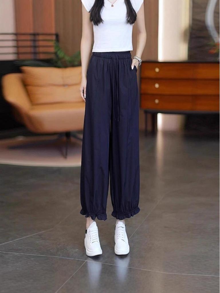 Plus Size Women's Ruffle Lace Ice Silk Lantern Pants - Korean Style, Breathable, Versatile Casual Nine-Point Pants for Spring/Summer