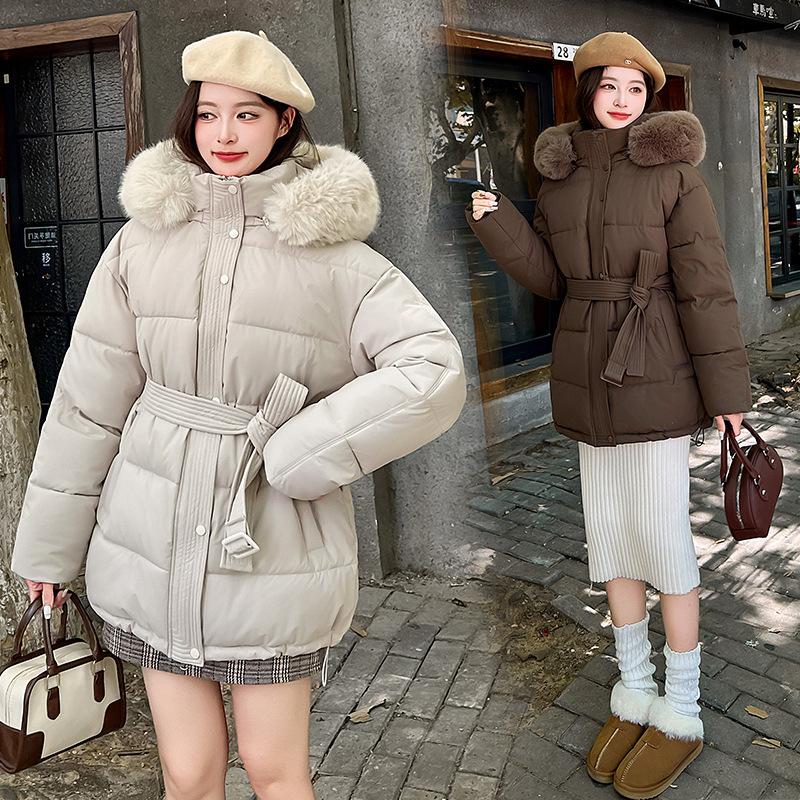 Large Fur Collar Belt Down Cotton Jacket for Women Winter Waist Belt Slimming Thick Sweet Coat