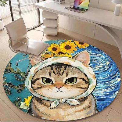 1PC Cat Sunflowers Office Round Area Rug,  Mat Suitable ForOffice, Under Office Chairs Bedroom Living Room Home Decor, Room Deco