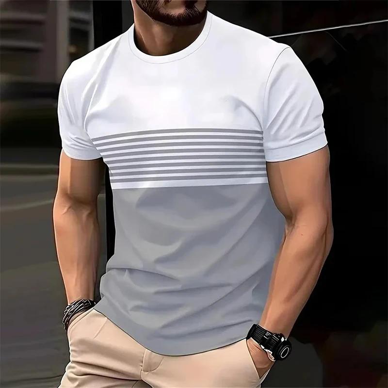 Summer Men Clothes New Short Sleeve 3D Digital Print Stripe T Shirt Tops