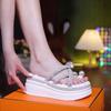 Thick Bottom Slope Heel Wear Sandals Girl 2025 Summer New Rhinestone Sleeve Toe Fairy Wind Beach One-word Slippers