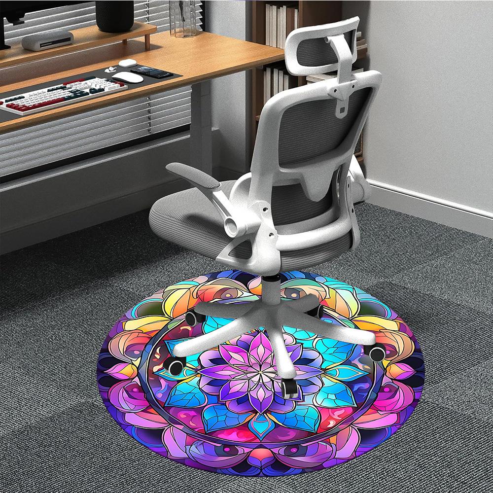 1 Stück Buntglas Mandala Stuhlteppich für das Büro, Runder Polyesterteppich, Innendekoration für das Büro, Waschbarer rutschfester Teppich yy251219012