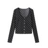 GREEN BELT Women's Black Polka Dot U-Neck Long Sleeve T-Shirt