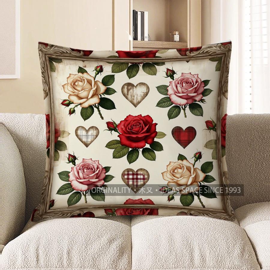 2D Rose & Heart Patterned Decorative Pillow Covers Pattern Cushion Cover Suitable For Sofa Bedroom Car Pillow Cover