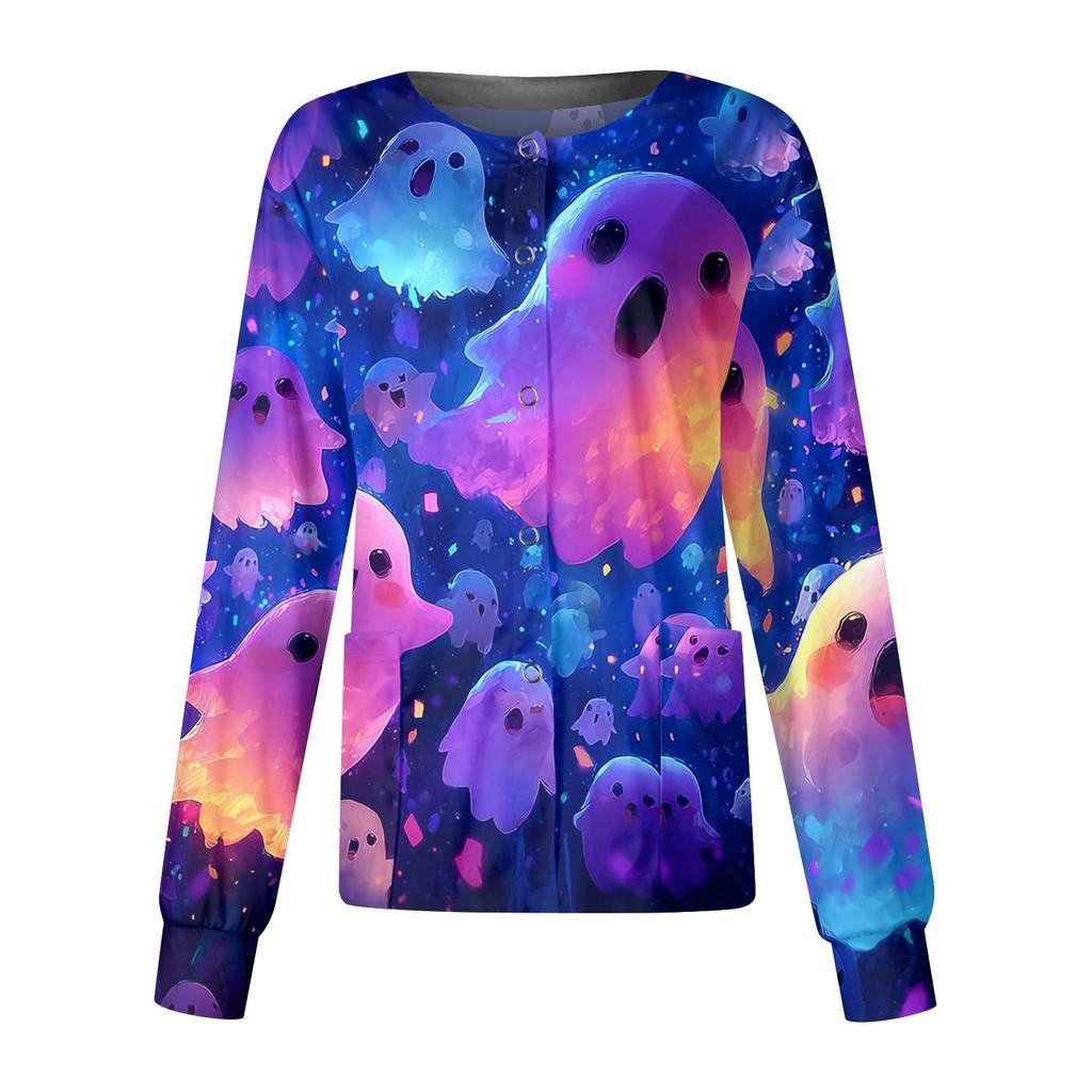Women's Halloween Print Long Sleeve Button Front Cardigan for Costume Party and Casual Outwear
