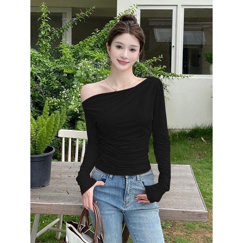 Xiaoke Wiwi Western Style Sloping Shoulder Long Sleeves Shirt Women 2025 New Design off-the-Shoulder Inner Wear Base Top Clothes