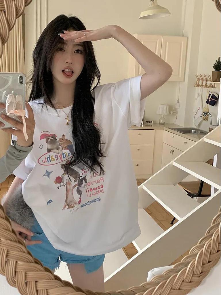 100% Pure Cotton Women's Short-Sleeve T-Shirt - Trendy Korean Style, Loose Fit, Versatile, Street Fashion, Whitening, Perfect for Couples.