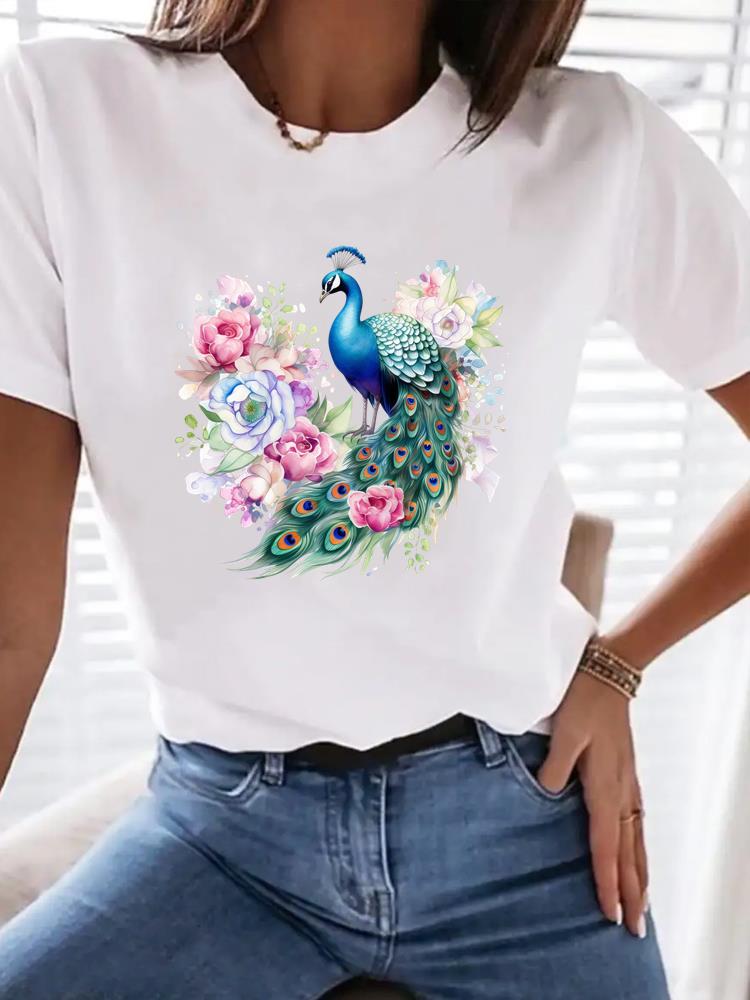 (Asian Size) Watercolor Flower Trend Women Tee Top Fashion Clothing T Shirt Woman Print Female Short Sleeve Graphic T-shirts