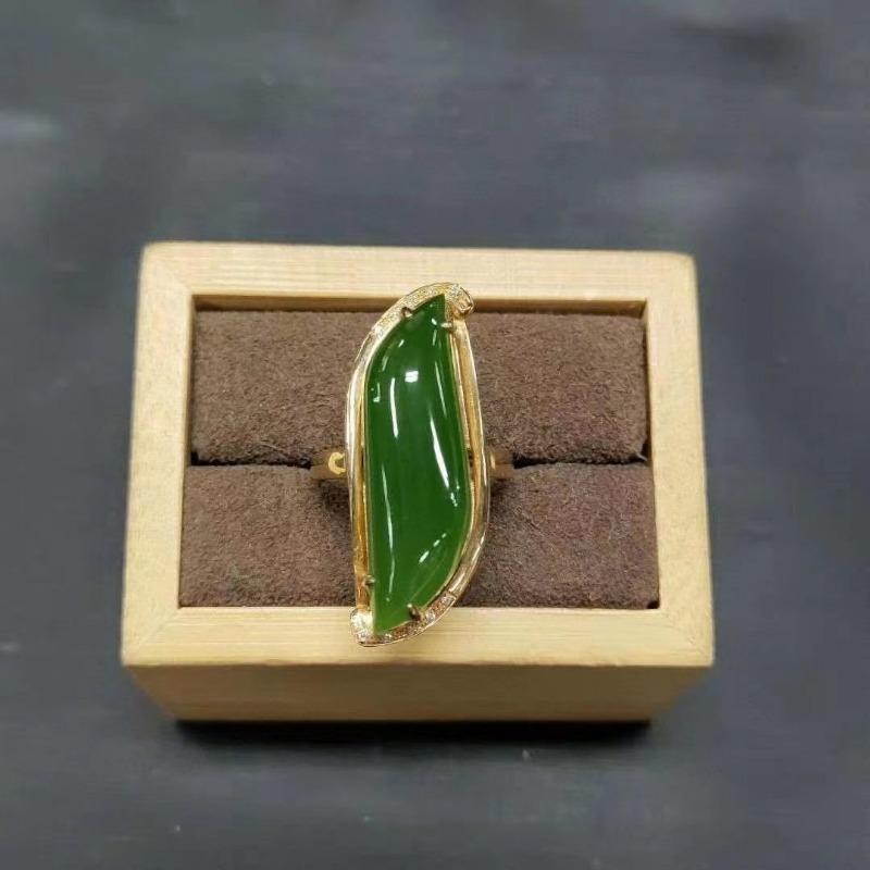 Fashion Natural An Jade Ring Classic Glossy  Inlaid Vintage Willow Leaf Green Rings For Women Fien Jewelry Adjustable