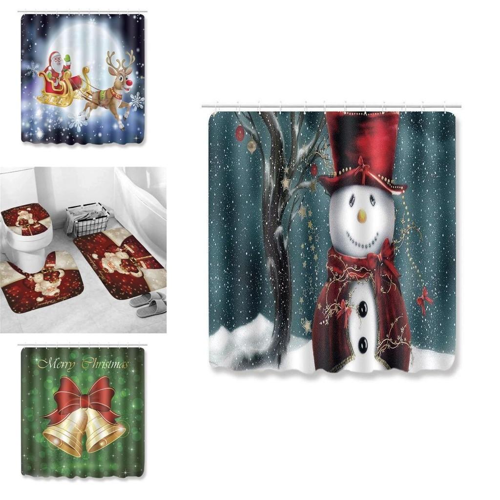 Beautiful 4pcs Christmas Shower Curtain And Toilet Cushion Set For Holiday Home Decoration
