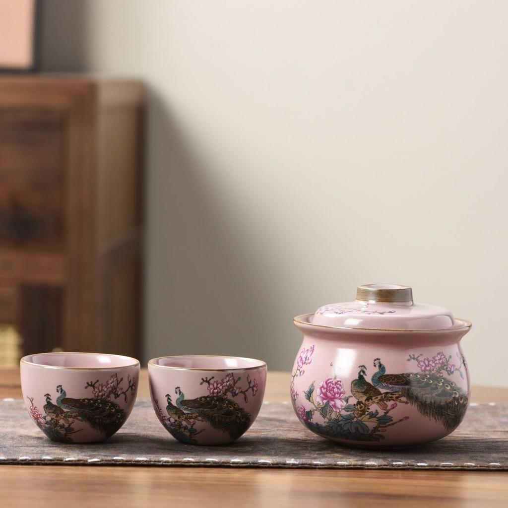 Pink Ruyao Anti-heat Tea Set,big-leaf Hydrangea Flowers Jasmine Teaware, A Teapot Two Cups, Kung Fu Tea Set, for Lady Girlfriend