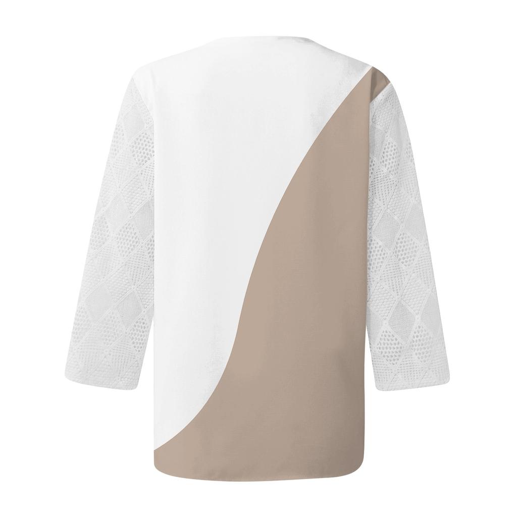 Women V Neck 3/4 Sleeve Shirts Print Lace Casual Blouse Loose Work Tunic Tops