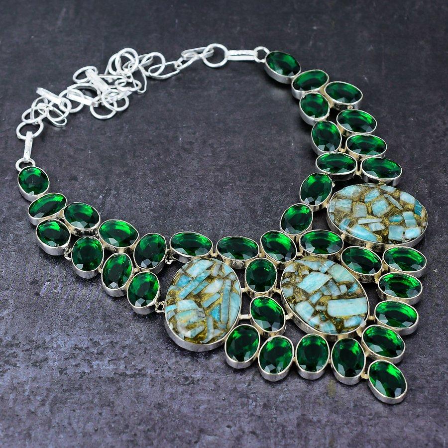 Natural Copper Amazonite,Diopside Gemstone 925 Sterling Silver Necklace 18" C7l38