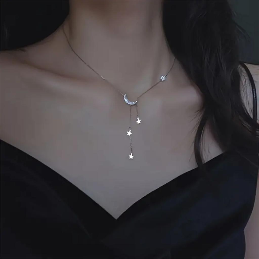 Silvery Color Elegant Tassel Star And Moon Necklace Minimalist Style Women's Fashionable Jewelry Perfect Birthday Wearing Gifts For Eid
