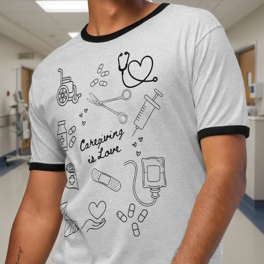 Caregiving is Love Doodles Unisex Ringer T-shirt, Caregiver Appreciation Gift 3XL