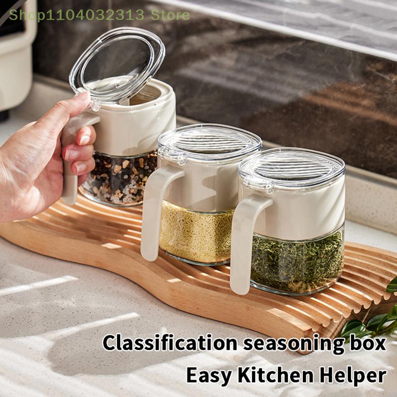 Simple Light Luxury Seasoning Box With Spoon,Food Grade Thickened Lead-free Glass,Transparent Flip Design, Comfortable Handle