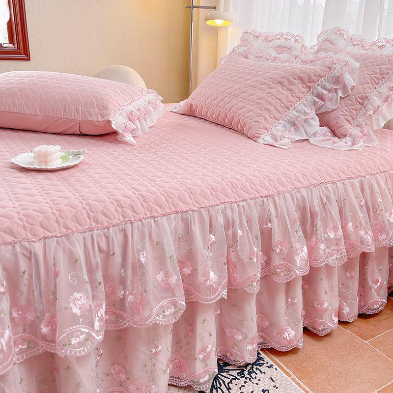 Korean Style Lace Bed Skirt & Sheet Set - 3-Piece Quilted Dustproof Full Wrap Bed Cover