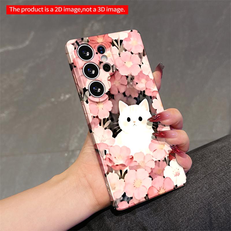 2DFlat Samsung Phone Case White Cat Among Pink Flowers Phone Case Applicable To Galaxy S23 S24 S25ULTRA S26 A12 A14 A15 A16 A54 A55