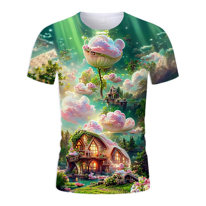 Summer New Rose Castle Colors Beautiful Personality Youth Trend 3D Digital Printing Round Neck Shirt Short Sleeve T-shirt