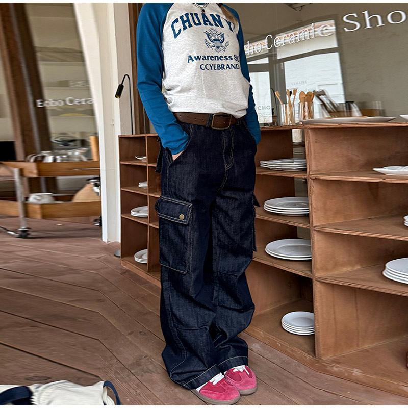 Retro Multi-Pocket Straight Leg Work Pants Loose Fit Jeans Women's Spring Autumn Trendy Denim Folded Wide Leg Jeans Office Lady Streetwear