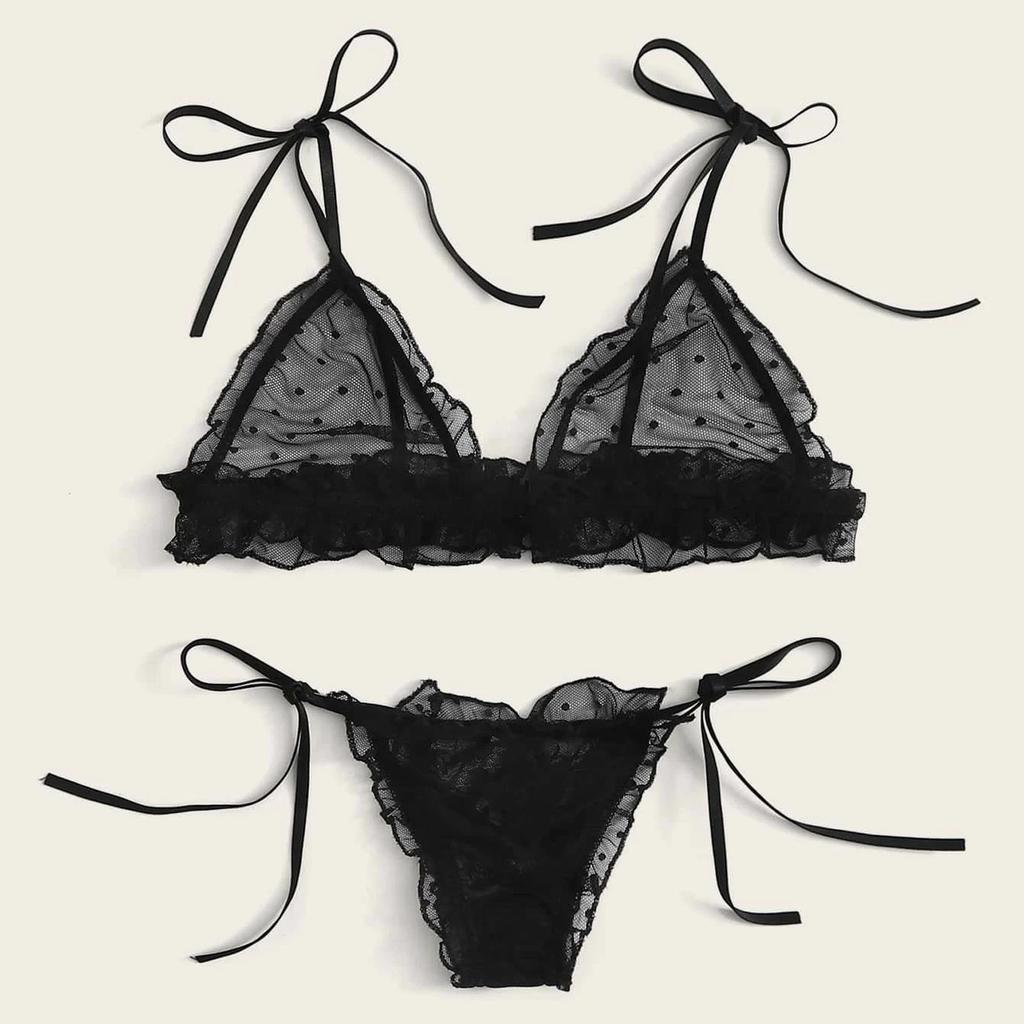 Sexy Women Dot Mesh Lace  Wireless Bra Sexy Bandage Lingerie Thong Set Underwear