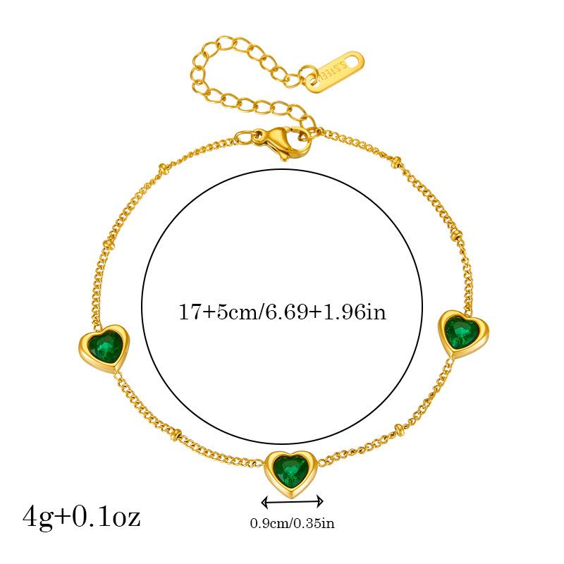18K Gold Plated Green Heart Charm Bracelet, Dainty Emerald CZ Link Bracelet for Women, Elegant Jewelry