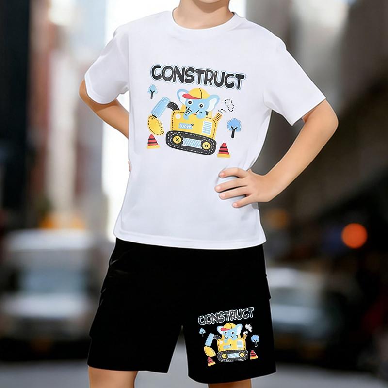 

Boys 2 Piece Cartoon Excavator Printed Outfit, Short Sleeve T-Shirt and Shorts Set for Kids Age 5-14,Black and White Sporty Casual Summer Clothes 13-14 Years білий