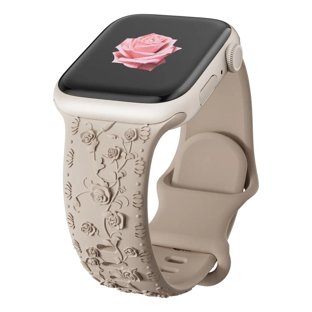 Floral Engraved Strap For Apple Watch Band 40mm 44mm 41mm 49mm 45mm 38mm 42mm Silicone Bracelet Iwatch Series 9 7 Se 6 8 Ultra 2