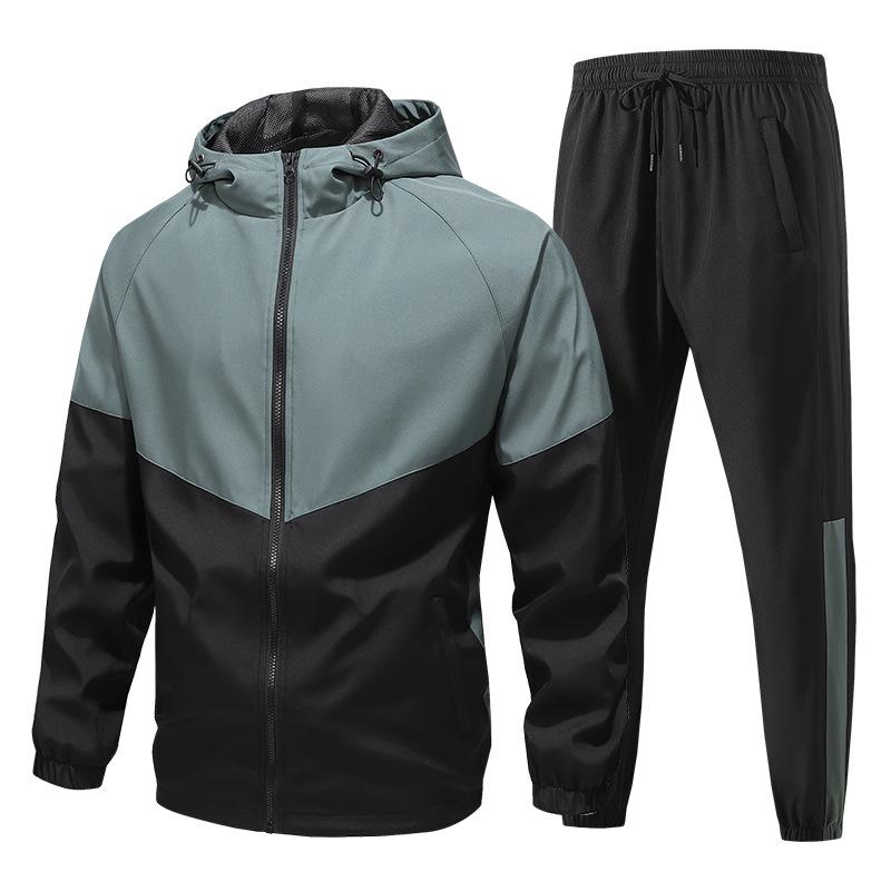 Spring and Autumn Men's Sports and Leisure Set, Color Blocked Hooded Sports Set, Two Piece Set