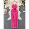 Bohemia Seaside Holiday Hollow Backless Spaghetti Straps Knitted Dress Women's High Waist Slim Looking Travel Beach Long Dress