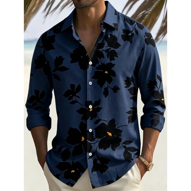 Herrenbluse mit Blumenprint, langen Ärmeln und Kragen für Urlaub und Freizeit, Strandreise-Trend, Herrenbekleidung