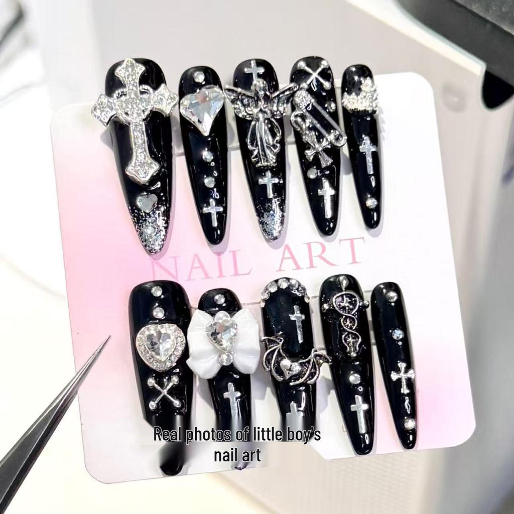 Y2K Japanese Style Dark Angel Nail Art: Pure Handmade Press-On Nails