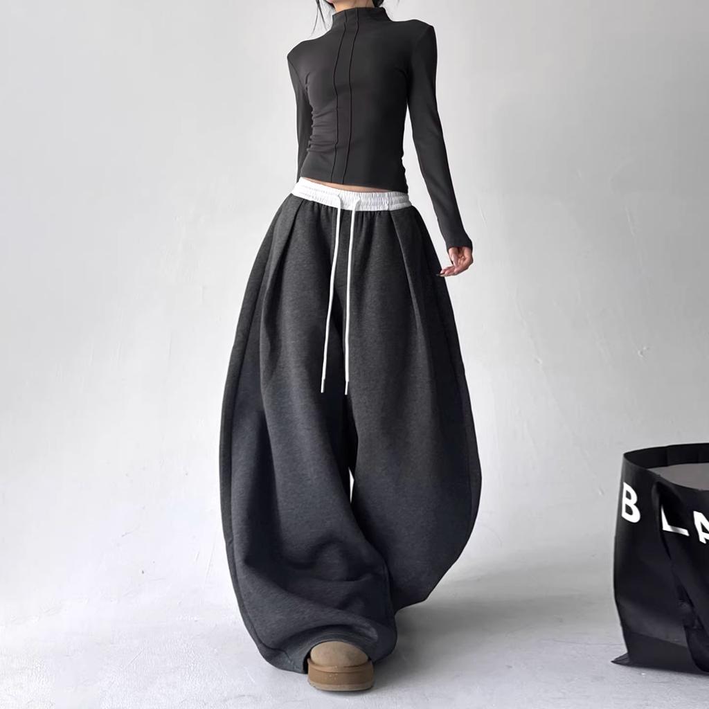 Spring and Autumn Simple Sports Style Contrasting Colors Double Waist Drawstring Casual Pants Women's Gray Loose Straight Wide-leg Pants